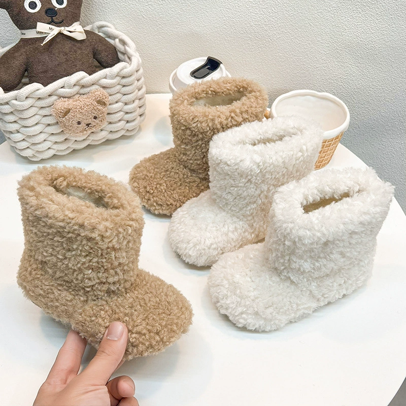 Корейские зимние сапоги для девочек плюс бархатные теплые пушистые короткие сапоги повседневные детские кудри