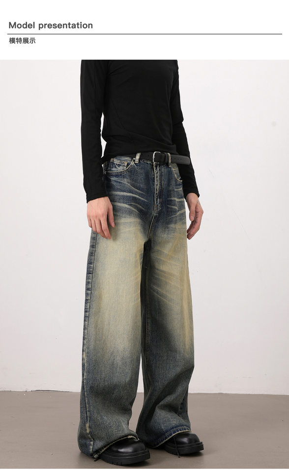 Quần jeans nam dáng rộng ống đứng phong cách retro Mỹ, giặt mài làm cũ — Màu xanh dương chi tiết 7