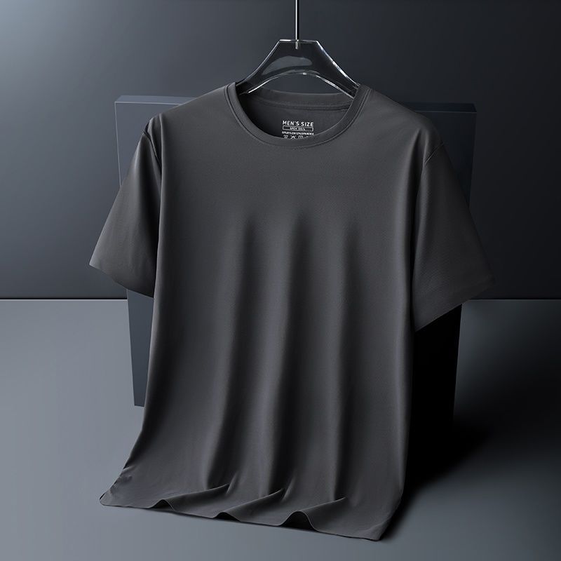 アイスシルクシームレス半袖Tシャツメンズ夏薄いラウンドネックTシャツメンズプラスファットプラスサイズカジュアル速乾服|undefined