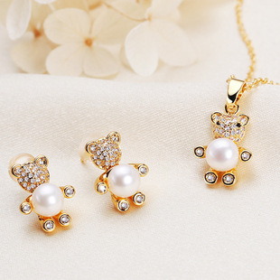 Fashion simple bride diamond earrings necklace two-piece bear jewelry necklace freshwater pearl suit wholesale