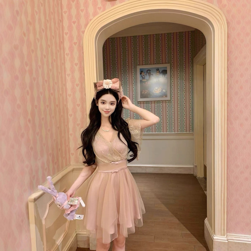 ホットドッグ ホットドッグはとてもスパイシー オリジナル Lan Yingxu ウエスト痩身 2 色 V ネック リボン ドレス女性用|undefined