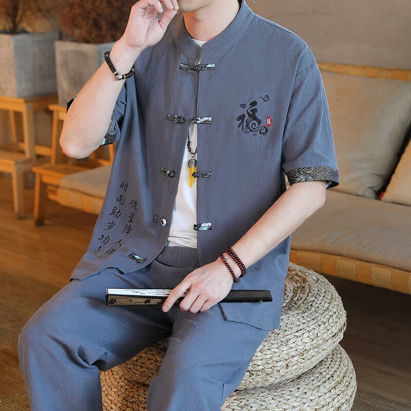 中国风男士套装夏季休闲刺绣开衫短袖民族风男装中式复古唐装汉服|undefined