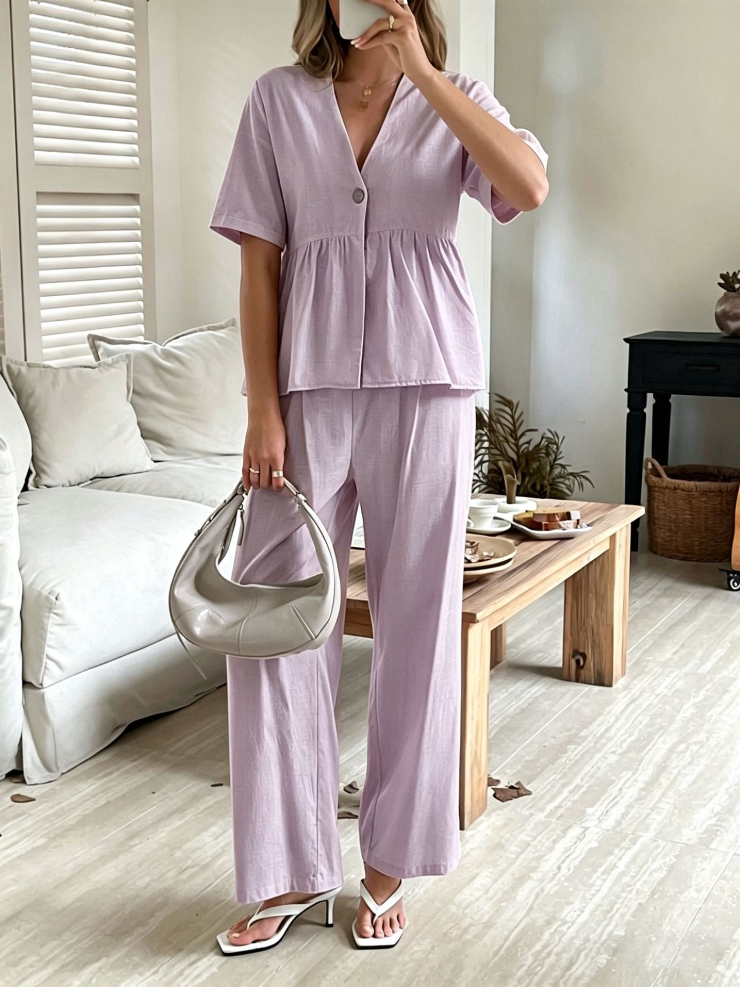 Women's Clothing Fashion Elegant Two Piece Set V Neck Loose Short Sleeved Top And Wide Leg Pants For Formal & Casual For Women_ecoleips.com