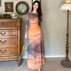 欧美跨境亚马逊美式辣妹荡领扎染包臀裙女春秋新款修身显瘦连衣裙