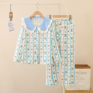 Thai Children's Pajamas Boys and Girls Home Clothes Lapel Cardigan Long Sleeve Cartoon Pajamas for Middle and Big Children Students Home Clothes
