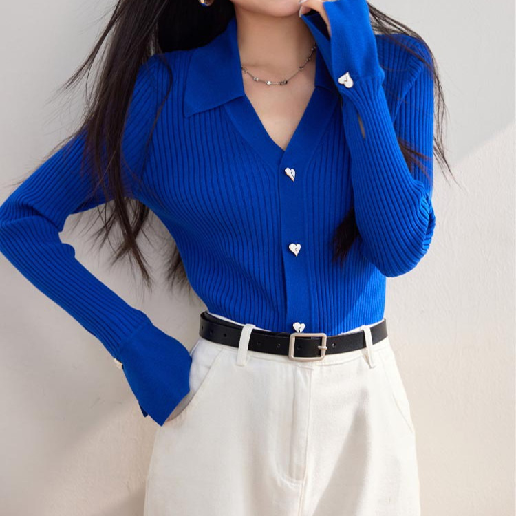 Autumn Klein Blue Top Blue Knit Sweater Slim Fit Sweater Women's Polo Collar Knit Sweater