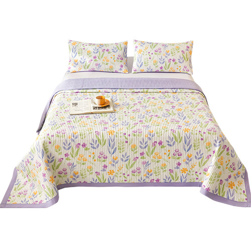 French Country Floral Double-layered Gauze Bedspread Three-piece Set, Washable Cotton-Linen Skin-friendly Soybean Fiber Single Bedspread Thin Quilt