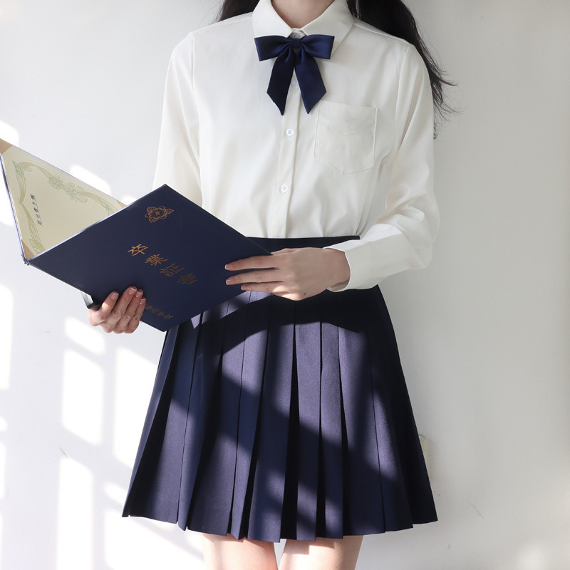 JK 유니폼 일본 봄과 여름 학교 유니폼 여학생 긴 소매 단색 흰색 셔츠 학교 유니폼 클래스 주름 치마 세트
