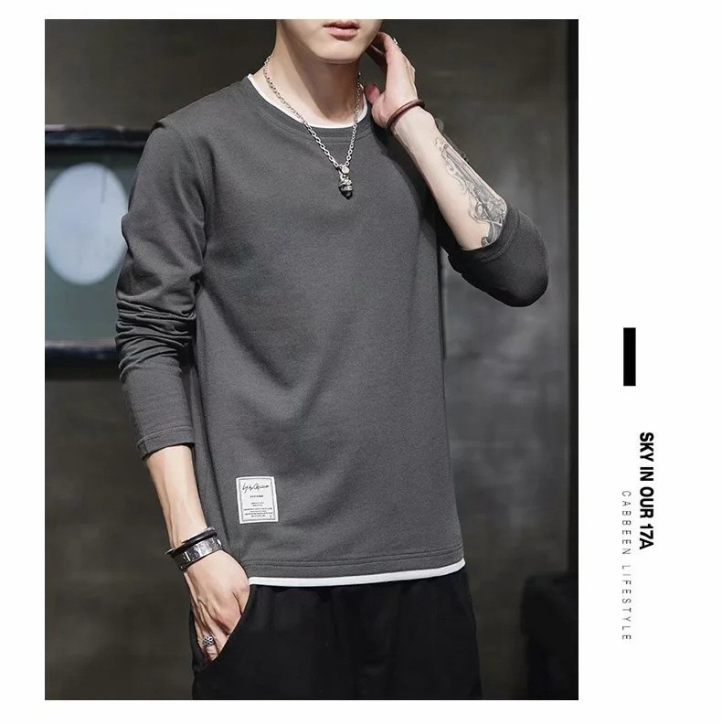 boy Long Sleeve T-Shirt For Men Trendy Gray Crew Neck Clothes Tops Inner Wear Autumn Winter Casual Base Shirt_voghion.com