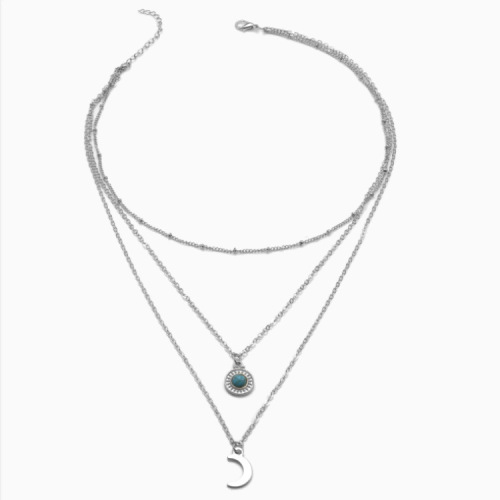 Trendy, Versatile European & American-style Accessories: Instagram-Favorite Turquoise Multi-Layer Necklace for Women – Featuring a Chic Metal Moon Pendant Choker