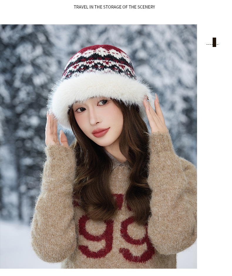 Cappello da pescatore invernale retrò in stile etnico jacquard lavorato a maglia, in pelliccia di coniglio, caldo, spesso e antifreddo_voghion.com