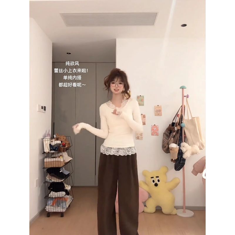 法式甜美风蕾丝拼接V领长袖T恤早秋新款修身显瘦纯欲别致打底上衣|undefined