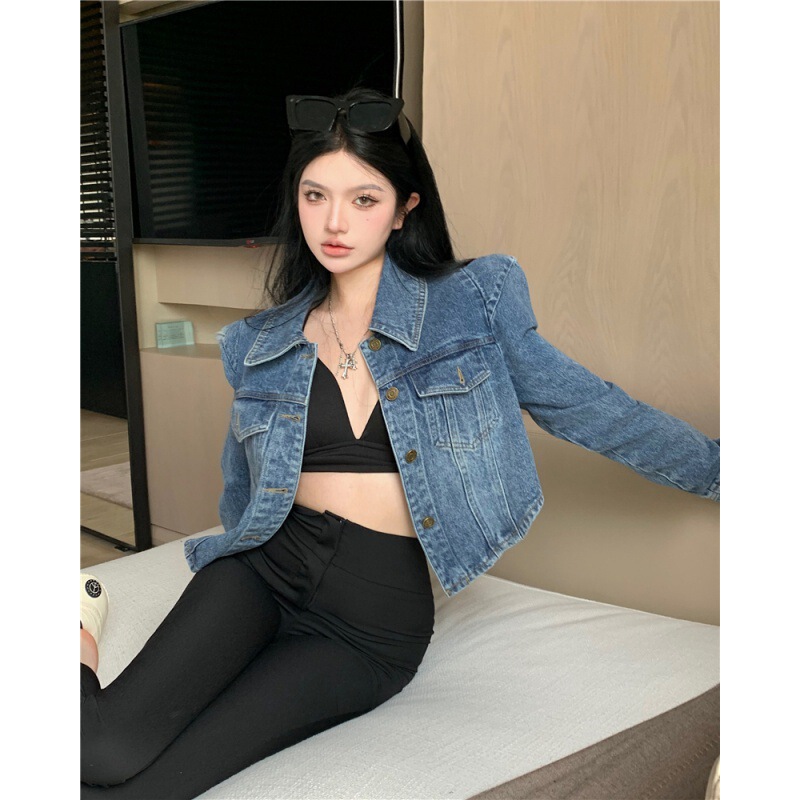Real shot 2024 spring retro short Denim jacket top high waist slim jeans for women