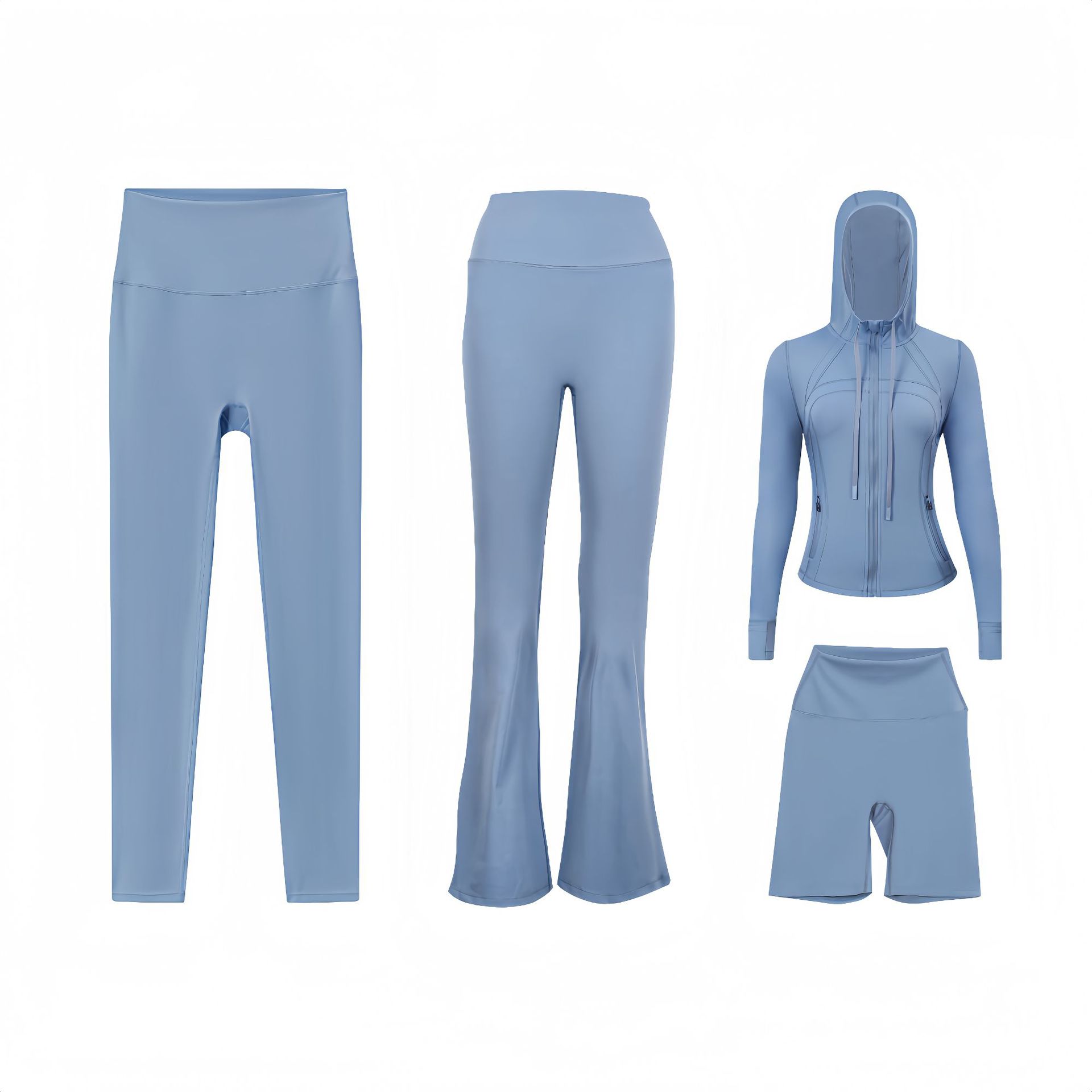 Dameskleding Vierdelige set: jasje met capuchon, flared broek, cropped broek, slim fit, elastische pasvorm, sportkleding. Op voorraad._voghion.com