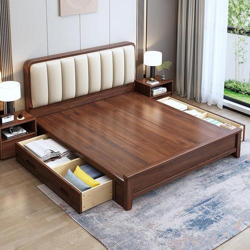 Nordic walnut solid wood bed modern simple 1.5 meters soft back bed size apartment 1.8 meters storage double bed 