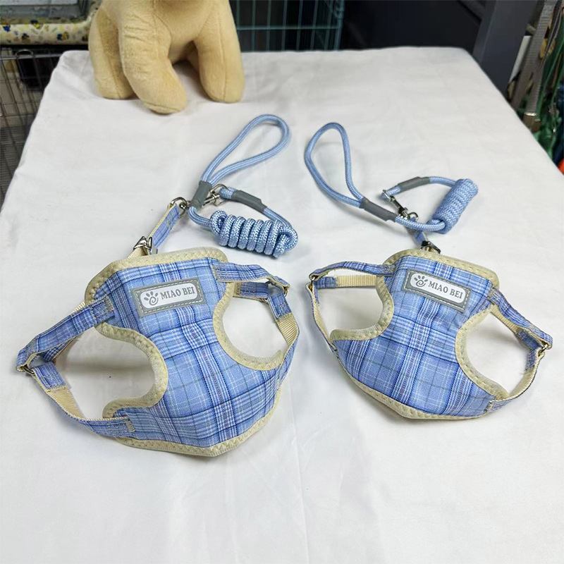 寵物格子護胸兜兜牽引繩背心式胸背帶狗狗遛狗繩小型犬狗鏈子