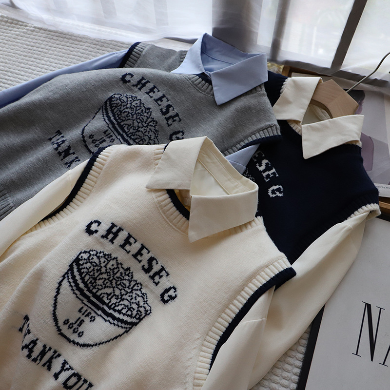 [Bizheng] 2024 Autumn New Long Sleeve Shirt Women's Contrast Color Letter Knitted Vest Two-Piece 2421