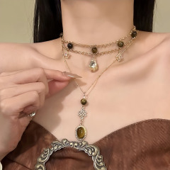 美拉德多层叠戴串珠水滴几何项链时尚小众设计感甜酷女孩锁骨链潮