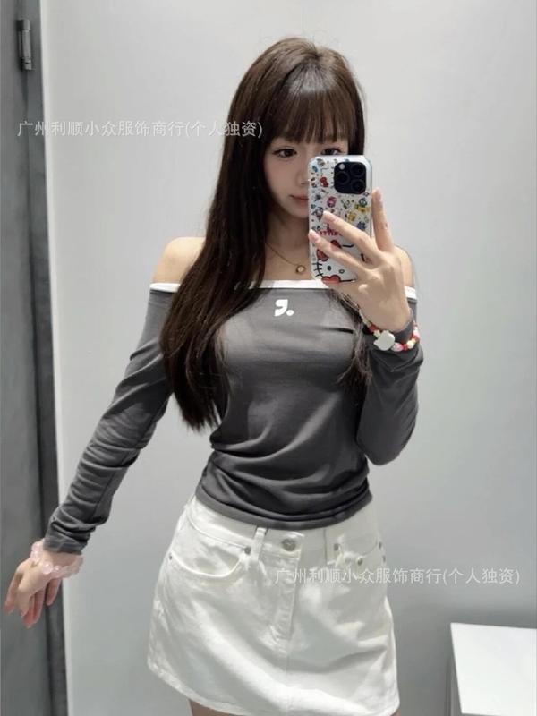 现货韩国restandrecreation斜肩RR一字肩长袖上衣辣妹修身显瘦T恤|undefined