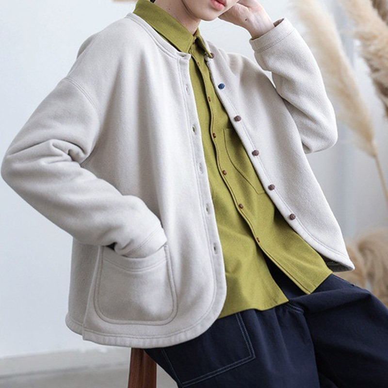 Spring and Autumn South Korea Sanding Knitted Cotton Rice Grey Crewneck Cardigan Jacket Stitching Contrast Casual Wei