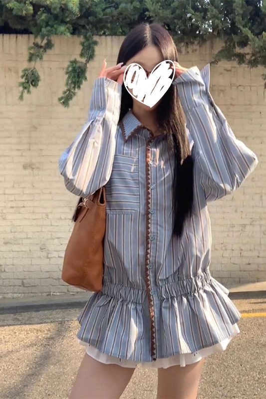 法式撞色条纹收腰长袖衬衫女装2025秋季新款休闲显瘦翻领开衫外套|undefined