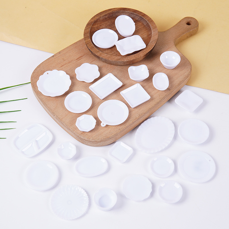 Plato pequeño de plástico blanco simulado para comida, mini plato de comida rápida, plato para bricolaje, juguete de comida, contenedor para pegamento en crema, accesorios.
