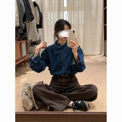 韩系蓝色交叉领牛仔衬衫女装2025春季新款小个子叠穿宽松长袖上衣
