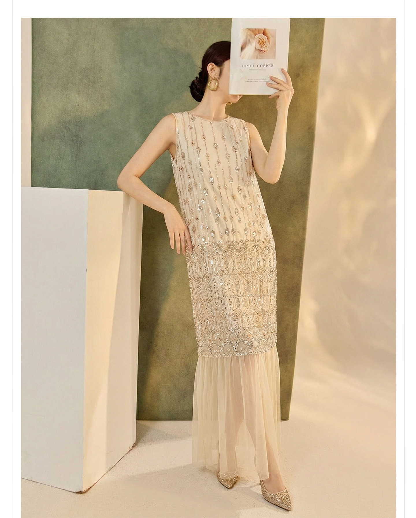 Đầm suông nữ midi phong cách Guofeng tay không sequin cao cấp — màu trắng ngà chi tiết 4