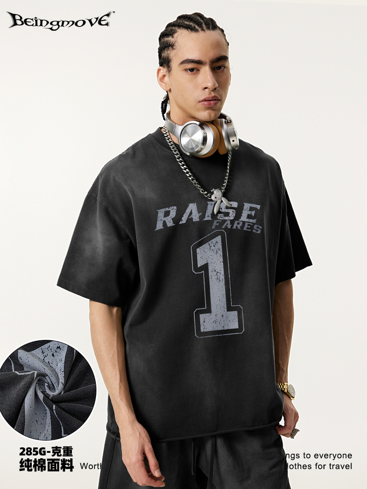 2025 verano americano marca de moda retro impresión digital adolescente camiseta de mangas cortas pesadas chaqueta de baloncesto de moda masculina