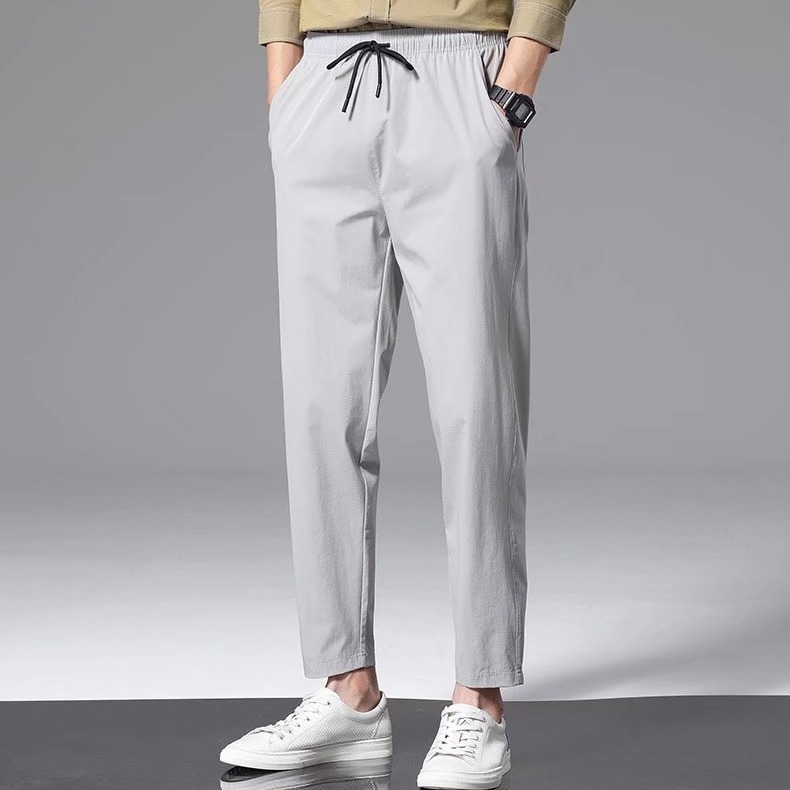 Ice silk trousers men's summer thin straight cone quick-drying nine-point casual pants wear drape men's pants cross-border wholesale