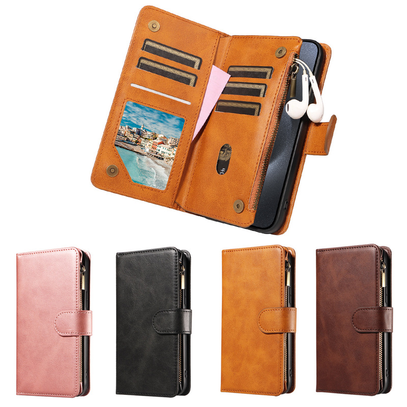 Suitable for Iphone16 Wristband Phone Case, Apple 17 Zipper Wallet Leather Case, 13Pro Flip Cover Anti-Fall Protective Case
