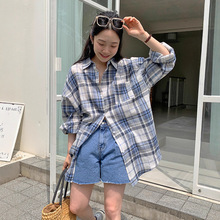 韩系蓝色格子衬衫女2025新款设计感小众衬衣宽松气质外套