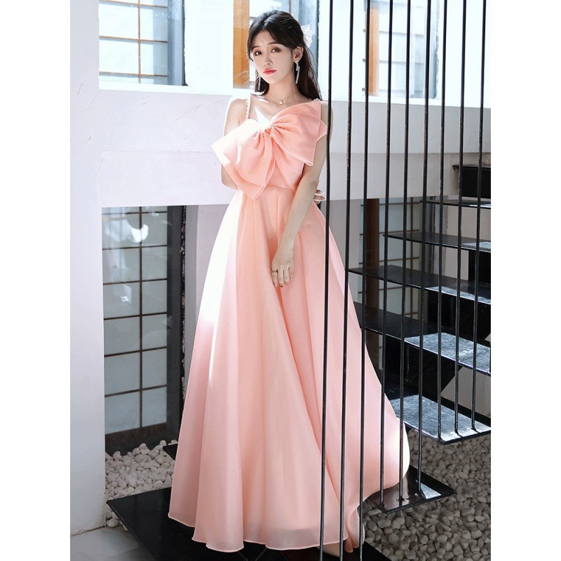 Pink Strapless Evening Dress for Women 2026 New Style Engagement Runaway Princess Toast Bride Simple Bow Dress Gown