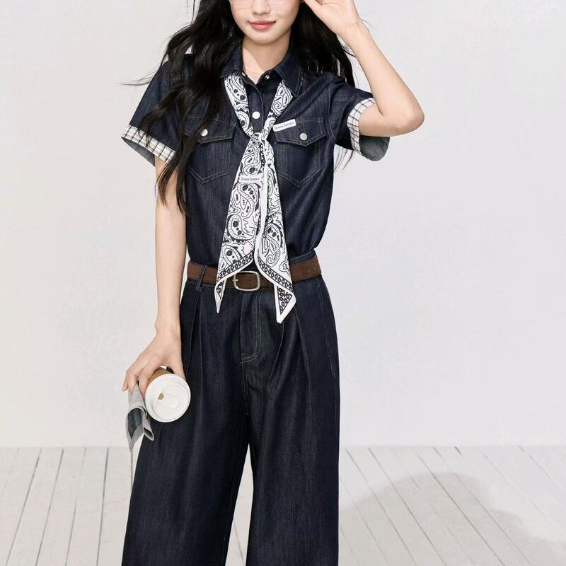 Wilderness Space Gra E Original Color Tencel Denim Suit for Women Summer Patchwork Lightweight Top + Wide-Leg Pants