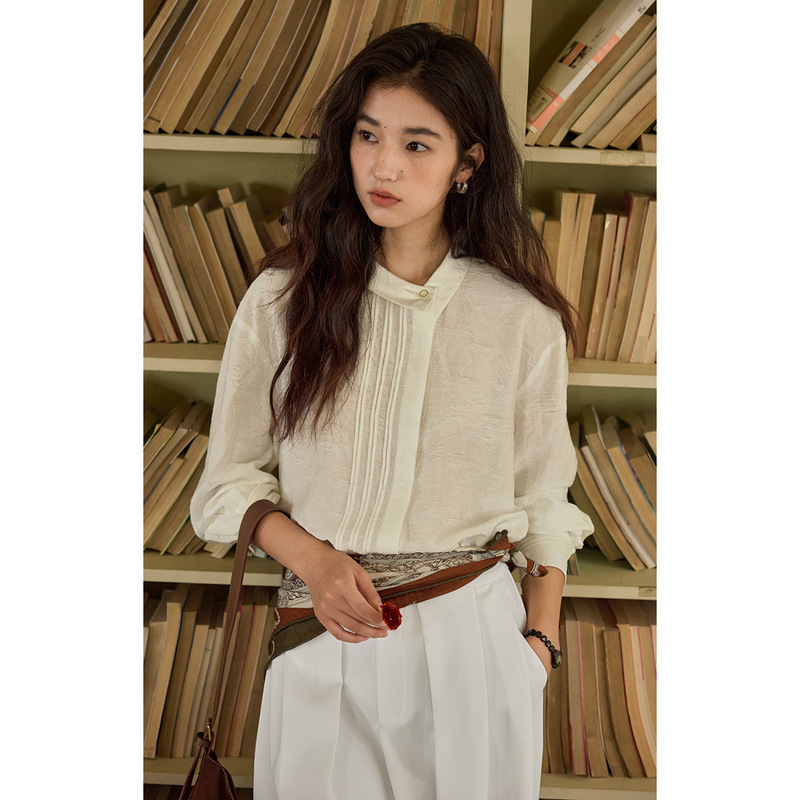 法式亚麻不对称翻领提花衬衫女秋|undefined