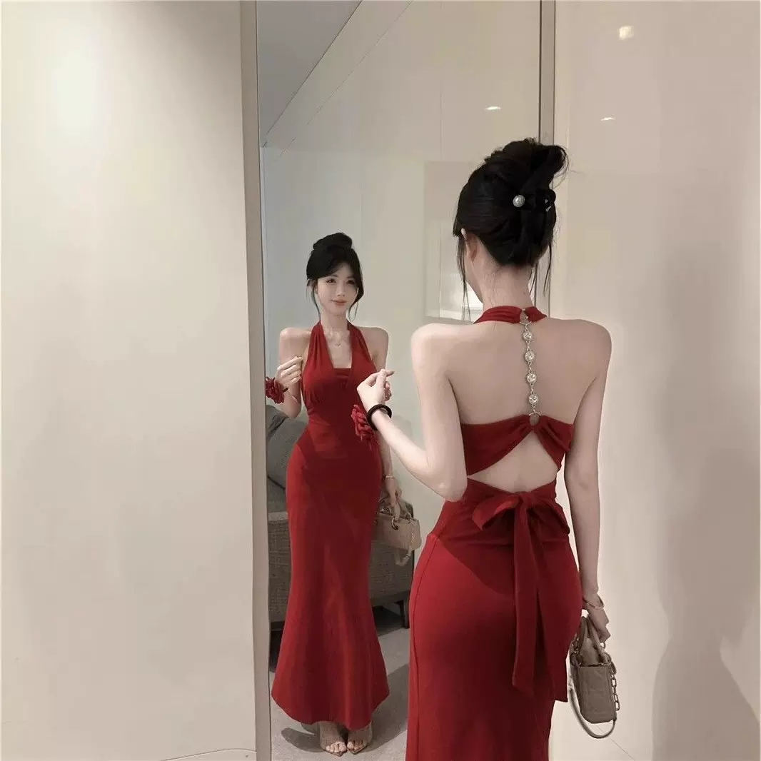 名媛风链条挂脖晚礼服鱼尾裙女夏季气质露背连衣裙性感吊带包臀裙