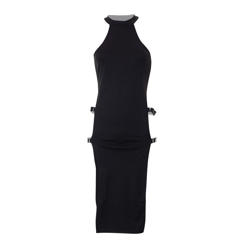 Summer Solid Color Pullover Sleeveless Hollow-out Side Slit High Waist Women Clothing Dress