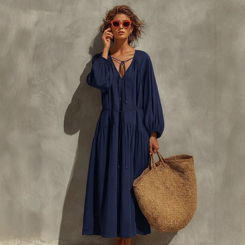 2026 New Summer V-neck Tie Loose Cotton Linen Dress for Women, Vacation Style Long Sleeve Solid Color Mid-length Women's Clothing 2026 New Summer V-neck Tie Loose Cotton Linen Dress for Women, Vacation Style Long Sleeve Solid Color Mid-length Women's Clothing