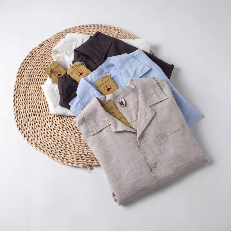 Summer Men's Loose Casual Full Linen Lapel Short-Sleeved Shirt Fashionable Men's Breathable and Comfortable Solid Color Jacket Summer Men's Loose Casual Full Linen Lapel Short-Sleeved Shirt Fashionable Men's Breathable and Comfortable Solid Color Jacket