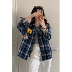 美式格纹长袖贴布衬衫女情侣潮牌工装宽松休闲百搭潮流衬衣外套