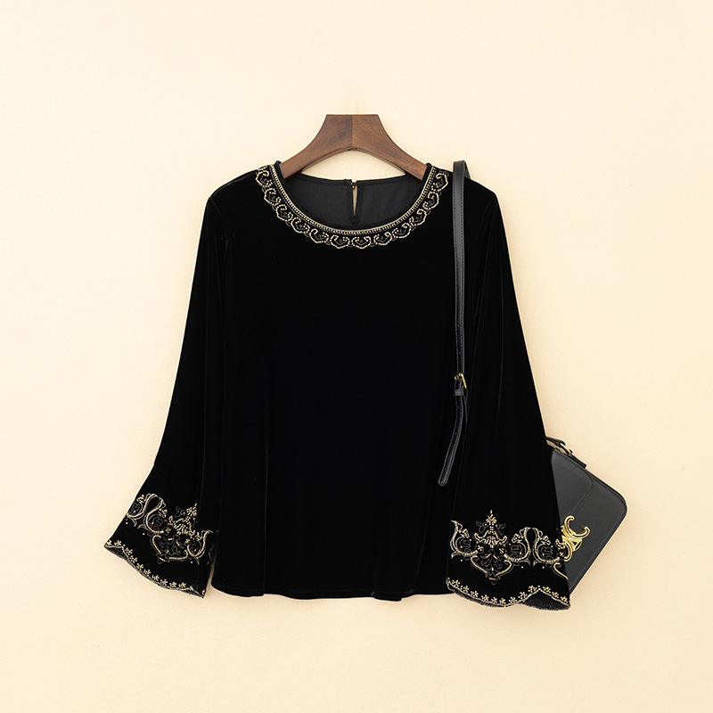 Bottoming Shirt with Chinese Style Vest! New Chinoiserie Gold Velvet Top Autumn and Winter Long-Sleeved Embroidered Inner T-Shirt Shirt