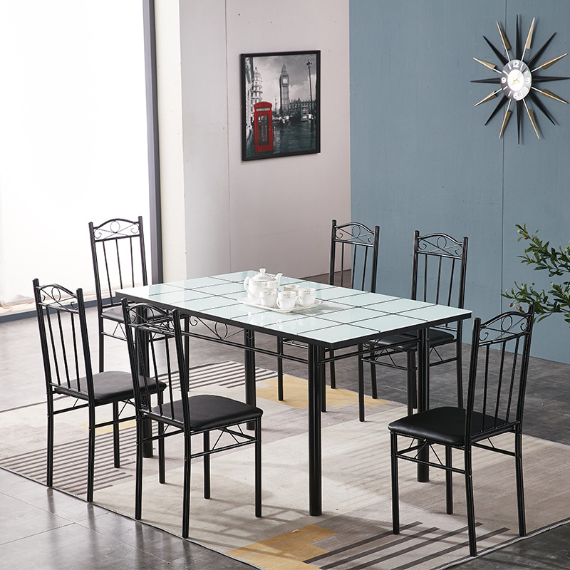 【富莱德】现代简约钢化玻璃餐桌餐椅简约风格六人位成套桌子椅子