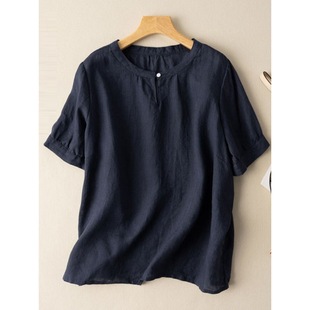 Artistic plus size Casual Cotton Linen Short-sleeved Shirt Women's Summer Solid Color All-match Loose Slimming Design Round Neck Top