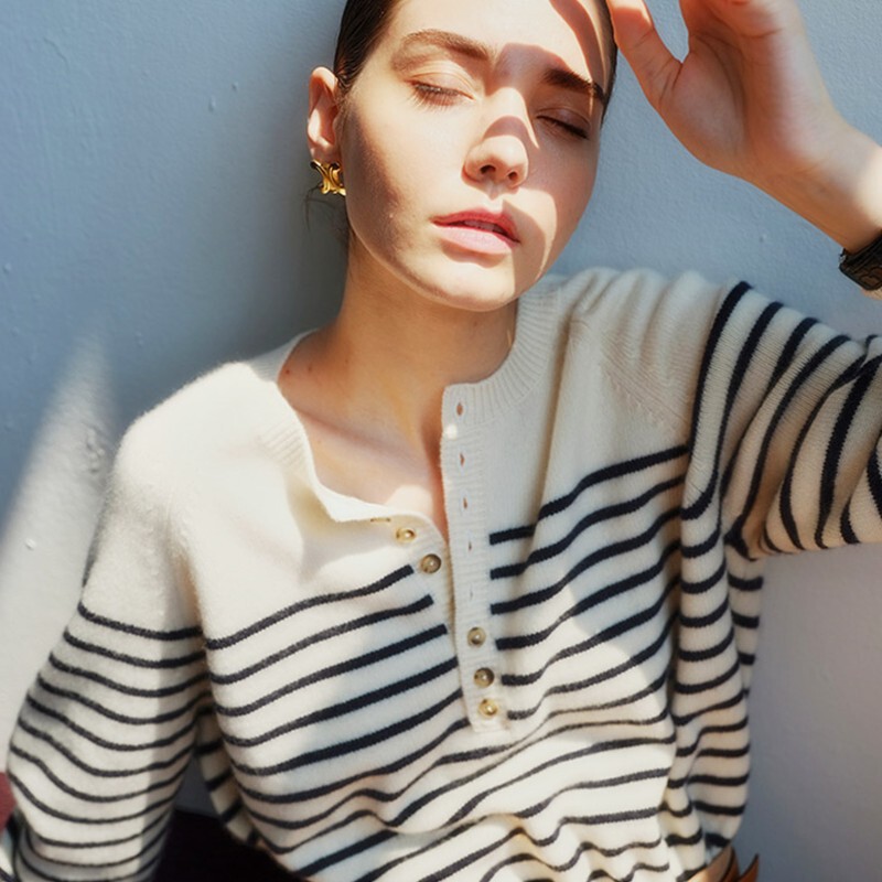 French Round Neck Wool Sweater Women's Half Open Collar Breasted Stripe Long Sleeve Pullover Cashmere Sweater Loose Knitted Top