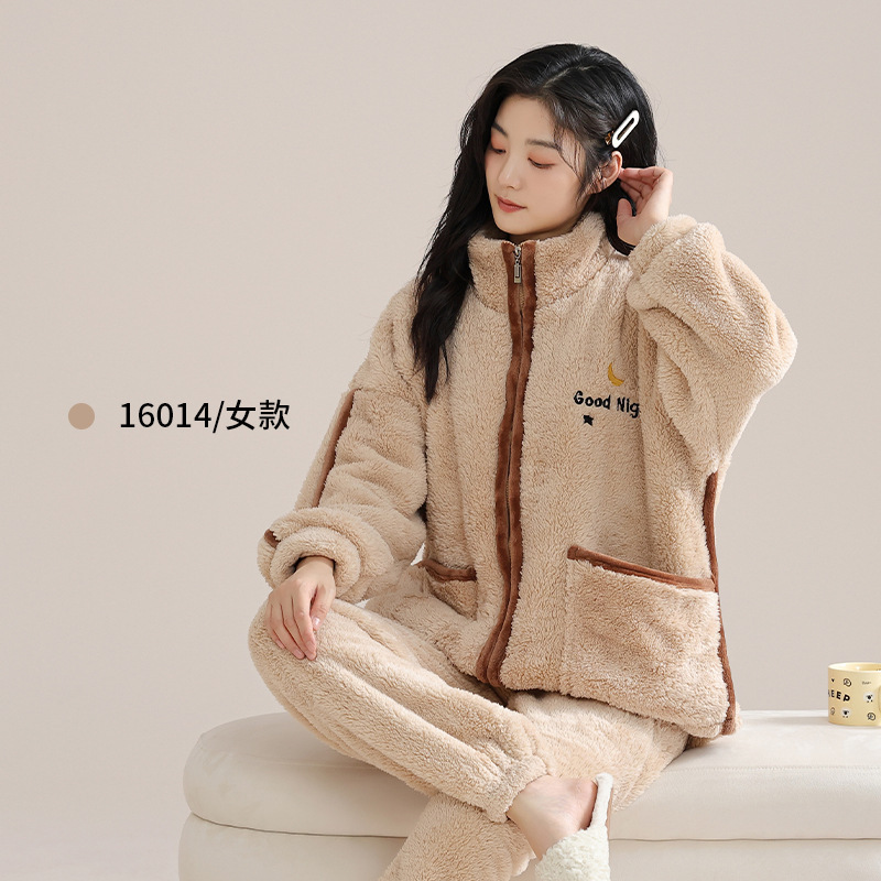 品牌同款珊瑚绒睡衣女秋冬季加绒可外穿立领法兰绒女士家居服套装|undefined