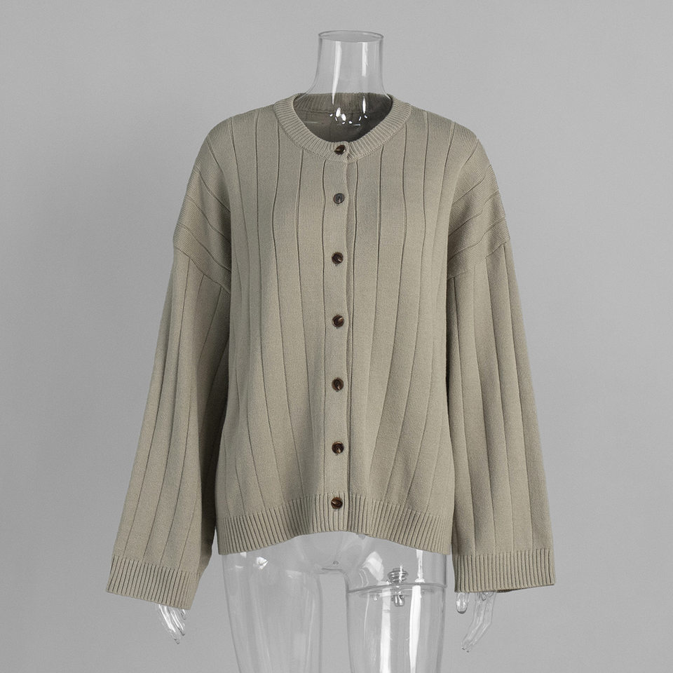 Áo cardigan len dệt kim cổ tròn dáng rộng tay dài nữ — màu vàng, màu xám nhạt chi tiết 8