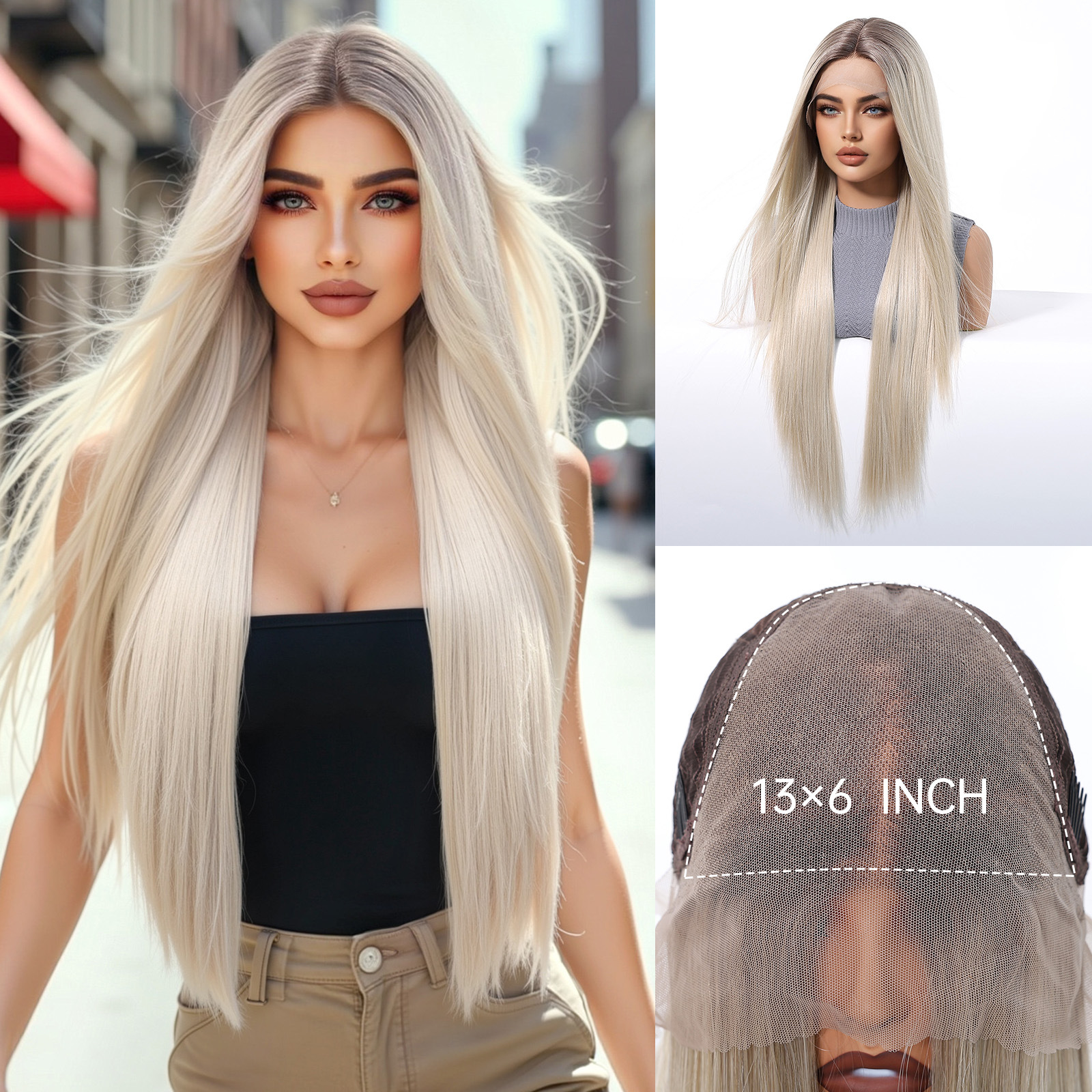 Transfronterizos Europa y Estados Unidos gran área peluca de encaje mujer cosida casual gradiente ruido cabello largo recto realista transpirable