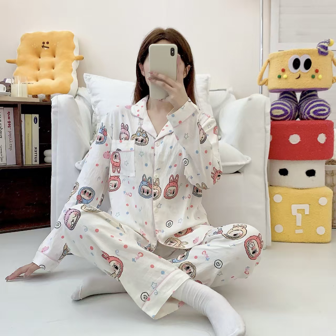 卡通动漫印花睡衣女春秋季长袖长裤家居服套装可爱网红开衫情侣款