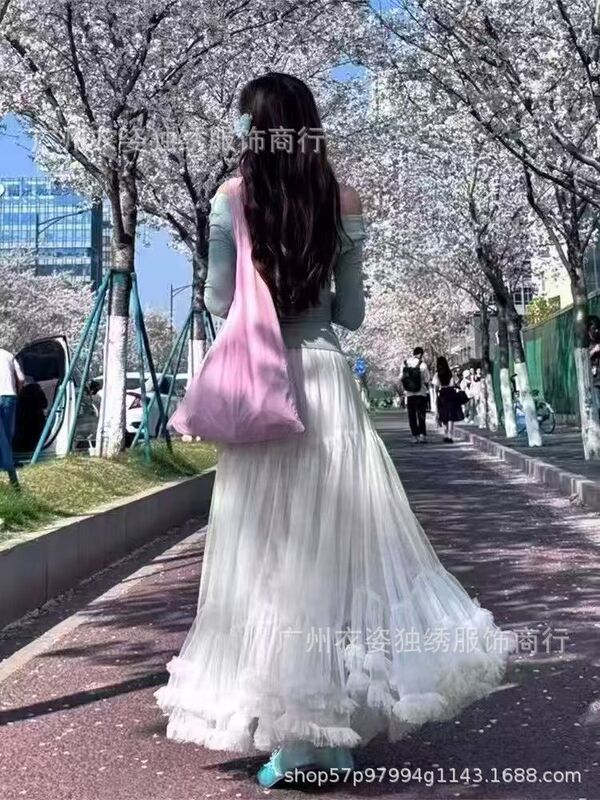 Skirt 舞会蓬蓬裙2025新款松紧腰网纱荷叶边超大摆半身蛋糕裙女|undefined