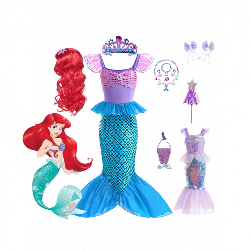 Cross-Border Popular Mermaid Princess Dress, Colorful Sequined Flying Sleeves Mermaid Dress, Purple Tulle Girls' Fishtail Skirt